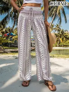 Women's Plus Size Plaid Wide Leg Pants, Elastic Waist Design, Straight Casual Boho Pants for Spring & Fall, Womenswear