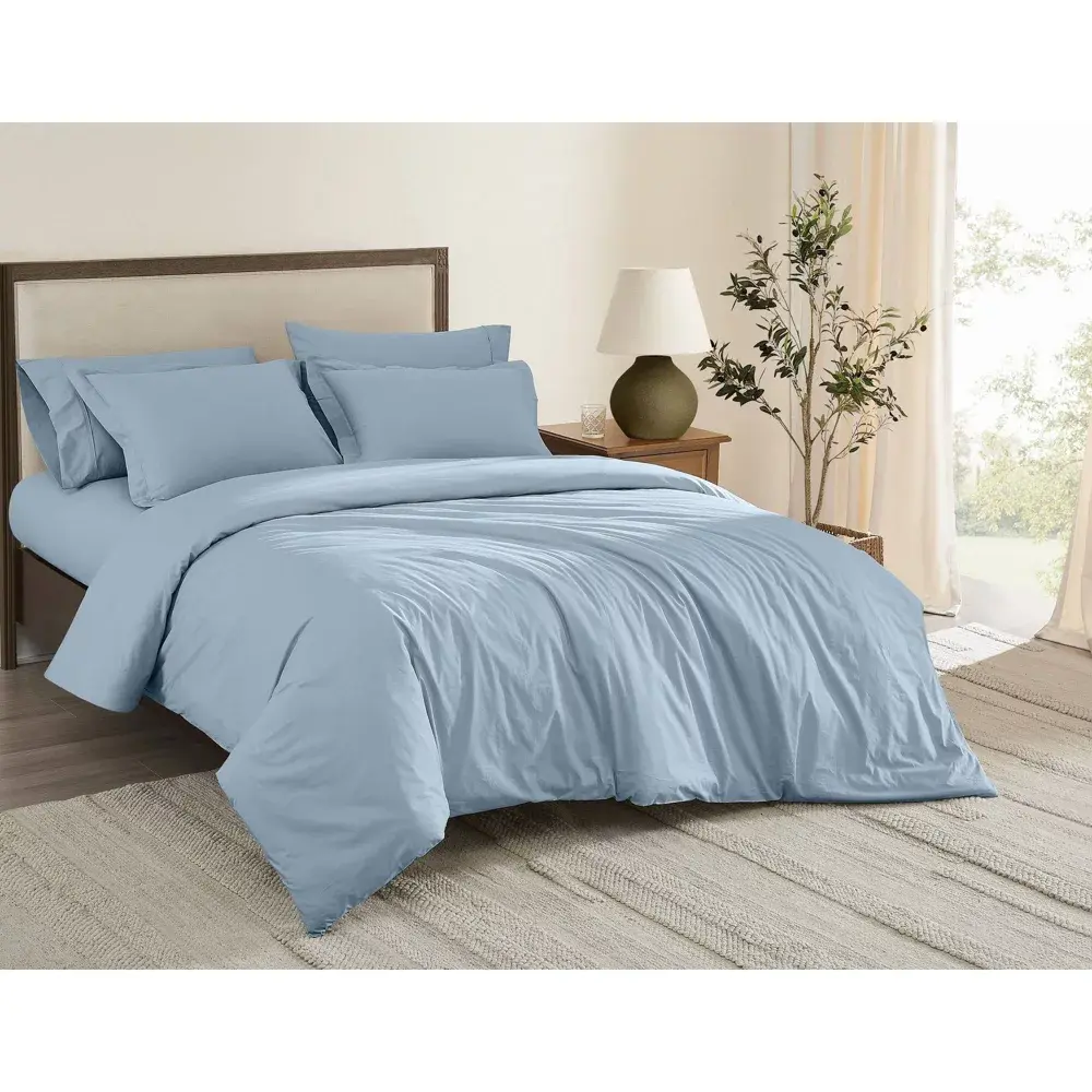 Brooklyn Loom Cotton Solid Percale Duvet Cover Set, Sky, Full/Queen Size, 90 inches (l) x 90 inches (w) Bedding Set