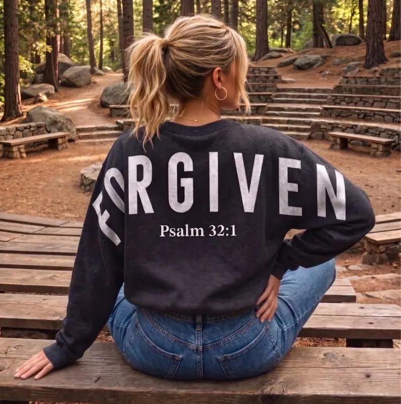 Forgiven & Faithful Sweatshirt – Psalm 32:1 Christian Sweater for Spiritual Big Back Print