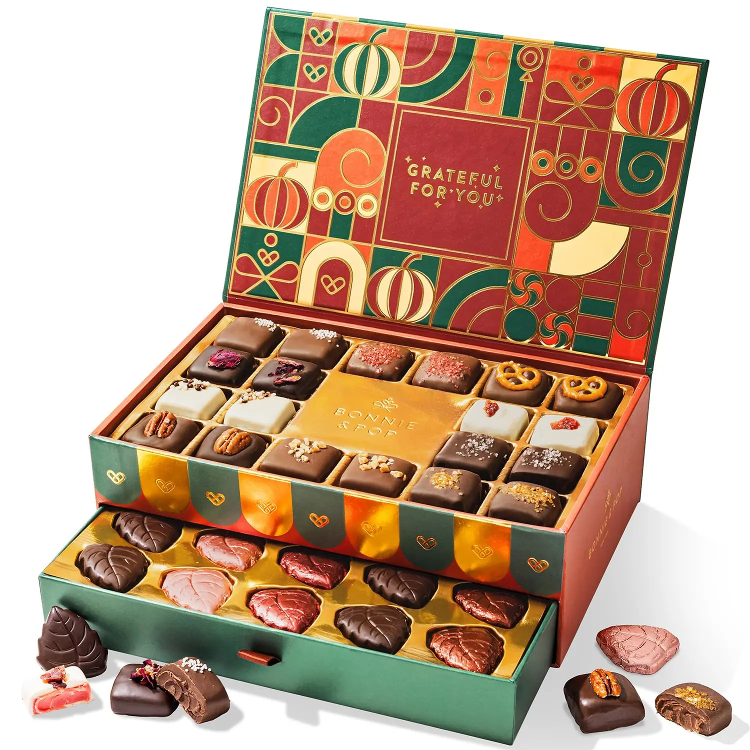 Bonnie and Pop Thanksgiving Chocolate Gift Box - Assorted Truffles Dessert with Peanut Inclusion, Caramel Snacks for Adults