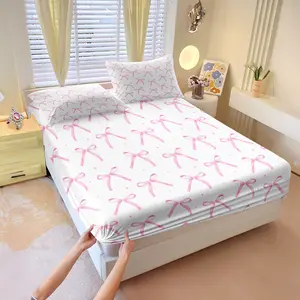 Pink Fitted Sheet Set with Princess-Style Ribbon Bow,Includes 2 Pillowcases (Without Insert),Dreamy and Girly Fitted Sheet Set Suitable for Children and Teenagers Romantic Fairytale Bedroom Decoration, Soft Bedding Bedsheet Sets