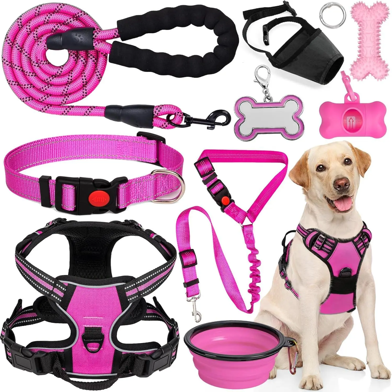 No Pull Dog Harness Adjustable Collar & Leash Set - Dog Halter Harnesses Collapsible Bowls & Poop Bag Dispenser Muzzle ID Tags Toys Fits Small Medium Large Dogs (Pink-L)