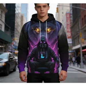 【Cyberpunk Wolf Hoodie】Neon Purple Space Print Top | Men/Women Oversized Tech Streetwear | Gas Mask Figure & Glowing-Eye Wolf Graphic Pullover | Trendy Futuristic Casual Daily Fashion