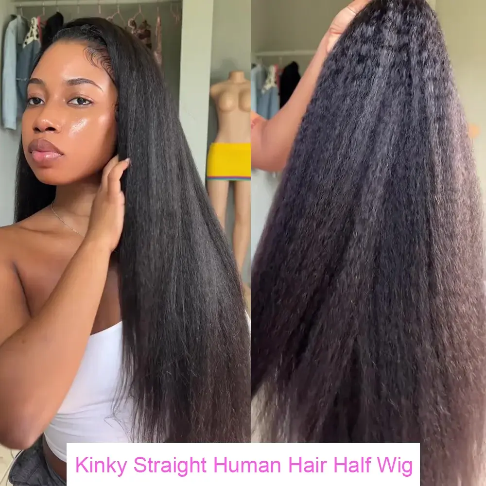 Half Wigs Yaki Straight 180density Human Hair Wig Kinky Straight Wig Seamless Clip In Half Wig with Drawstring Beginner Friendly