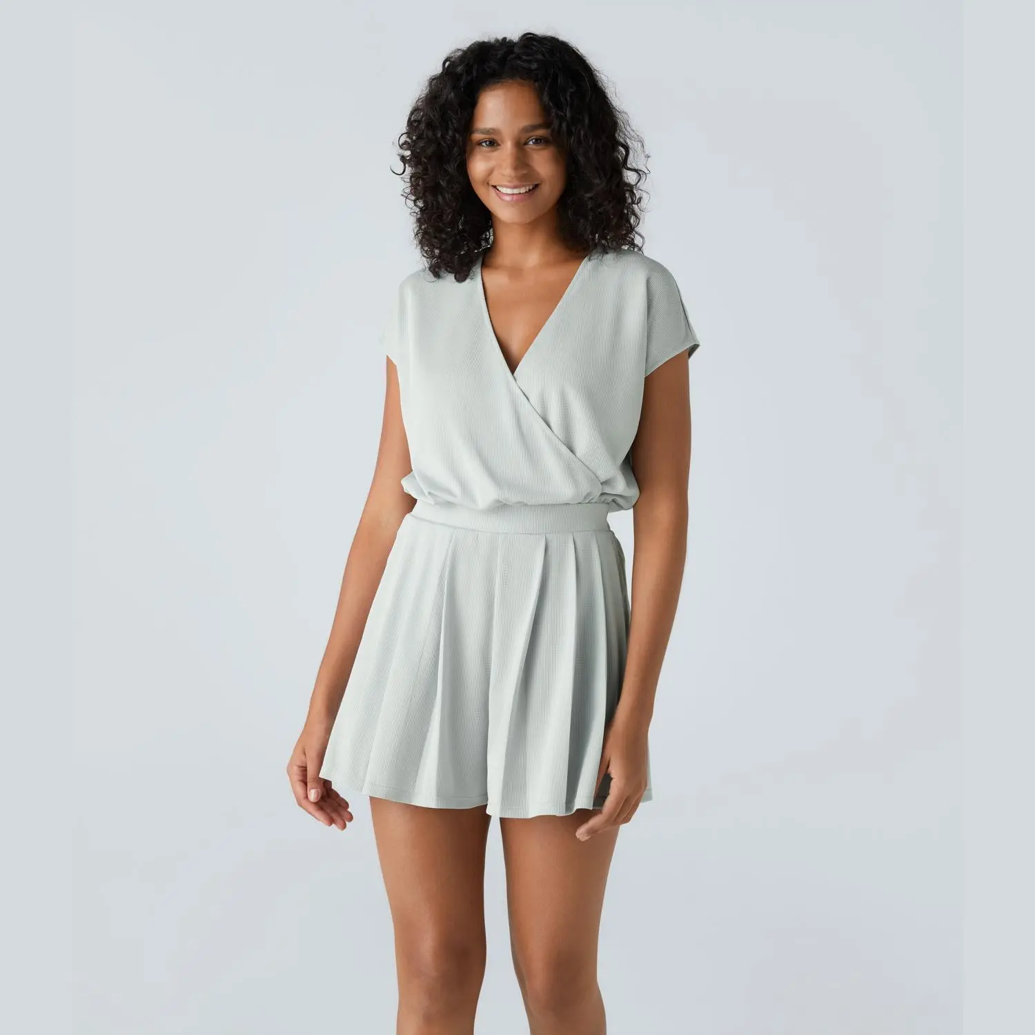 Halara V Neck Short Sleeve Side Pocket Waffle Casual Jumpsuit
