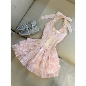 2000s Hot Sweet Slim Halter Y2k Lace Womens Dresses Goth Punk Polka Dot Ball Gown Bow Vintage Sexy 90s Backless Grunge Harajuku Korea Casual Womenswear