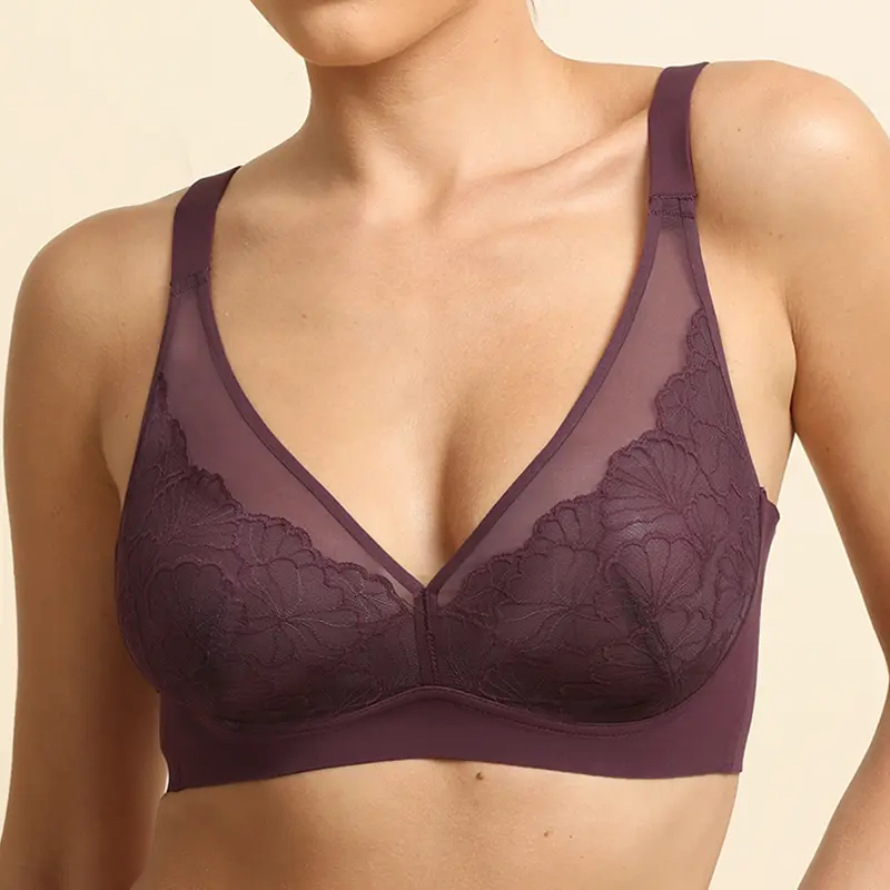 COMFELIE Full Coverage Lace Bra, Wireless Sleep Bralette, Seamless Mesh Support Everyday Underwear LT002