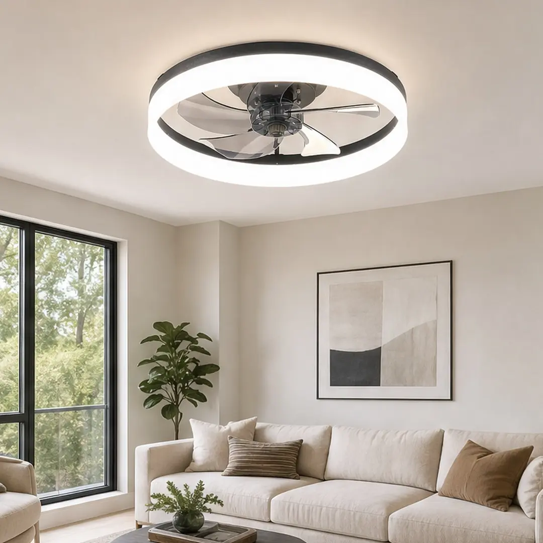 20 Inch Ceiling Fan with Light, Low Profile Flush Mount, 6 Speeds Dimmable LED, App & Remote Control, Quiet DC Motor, 7 Blades, Black Iron, for Bedroom Living Room Kitchen, Black Color Options, Iron Material, Product Dimensions: 19.70 W x