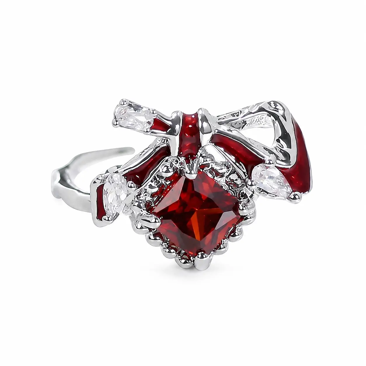 Adjustable Red Cubic Zirconia Bow Ring, Silver-Tone Copper Open Band with Square CZ and Sparkling Ribbon Accents
