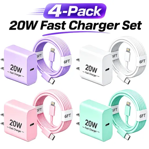 RXVNPXI 4-Pcs Super Fast USB C Wall Plug Chargers - 20W Adapter Chargers, 6FT USB C Adapter for iPhone 14/13/12/11 Series, Cellphone Charging