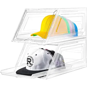 2 Pack Hat Organizer for Baseball Caps, Large Clear Cap Organizer with Drawer, Stackable Hat Holder Box for Closet with Sliding Tray, Multi-use Display Hat Case, Each Holds 12 Hats