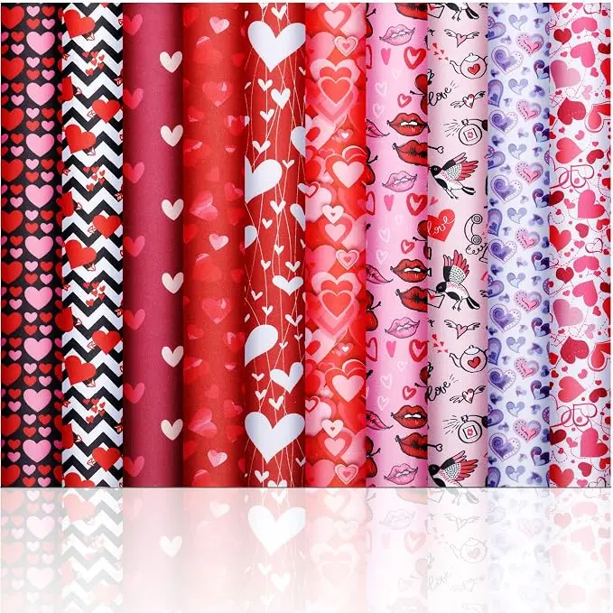 10 Pcs Valentines Day Fabric 10 x 10 Inches Cotton Heart Fabric Fat Quarters Squares Heart Lips Pattern Sewing Romantic Love Craft Bundles Quilting Precut for Valentine DIY Sewing