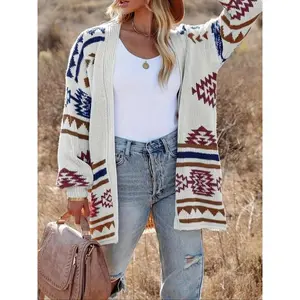 PlusSizeEthnicPatternDropShoulderPocketCardigan,CasualLongSleeveOpenFrontKnitwearforSpring&Fall,Women'sPlusClothingforDailyWear