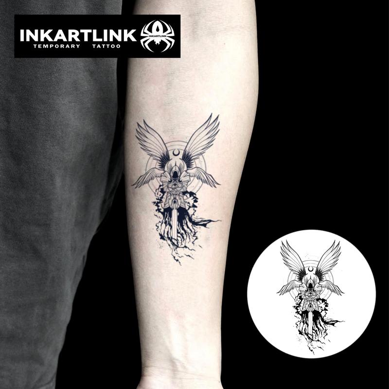 INKARTLINK Tattoo Tech, 2 Sheets Medium Semi Permanent Tattoo, Adult Art Design Temporary Tattoos, Lasts 1-2 Weeks, Waterproof, Realistic Look, No Adhesive, No Reflection (Four-winged Angel Design)