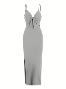 Women's Cut Out Backless Knot Front  Ribbed Cami Dress, Solid Adjustable Strap Split Thigh Chic Long Fit Dress for Party Club Dating Wear, Ladies Summer Clothes