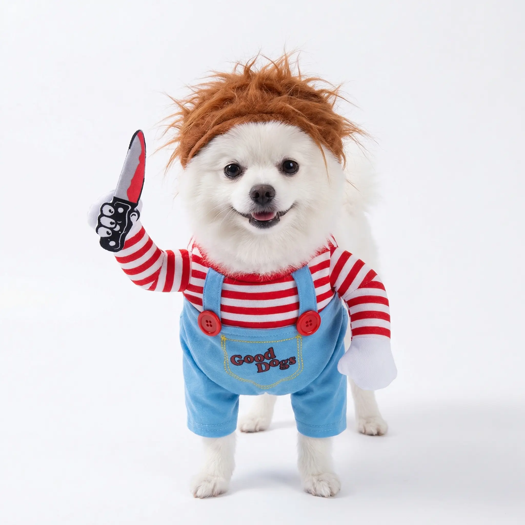 Funny Chucky Universal Pet Costume - Halloween Scary Polyester Fabric Outfit with Striped Shirt, Secure Wig, Safe Photo Props, Velcro Closure, Full Mobility, Multi-Size Horror Cosplay Suit for Small Dogs & Cats, All Seasons, Easy to Wear