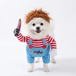 Funny Chucky Dog Costume, Halloween Scary Pet Outfit with Knife Prop and Wig, Horror Cosplay Suit for Small Medium Large Dogs Cats Puppy