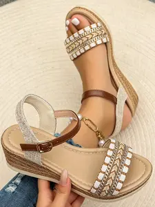 2026 Women’s New Model Brown Adjustable Buckle Woven Grass-Patterned Wedge Sandals, Casual, Versatile, Soft Sole, Slip-Resistant, Daily Commuting Sandals, Beach Vacation, Essential for Summer Everyday Use, Wedged Sandals