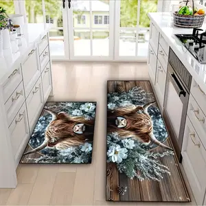 Highland cow and white floral pattern non-slip floor mat Animal Printed Rug. Soft and comfortable, preventing fatigue even after prolonged standing, for bathrooms, kitchens, bedrooms, living rooms, offices, outdoor doormats - festive decorations