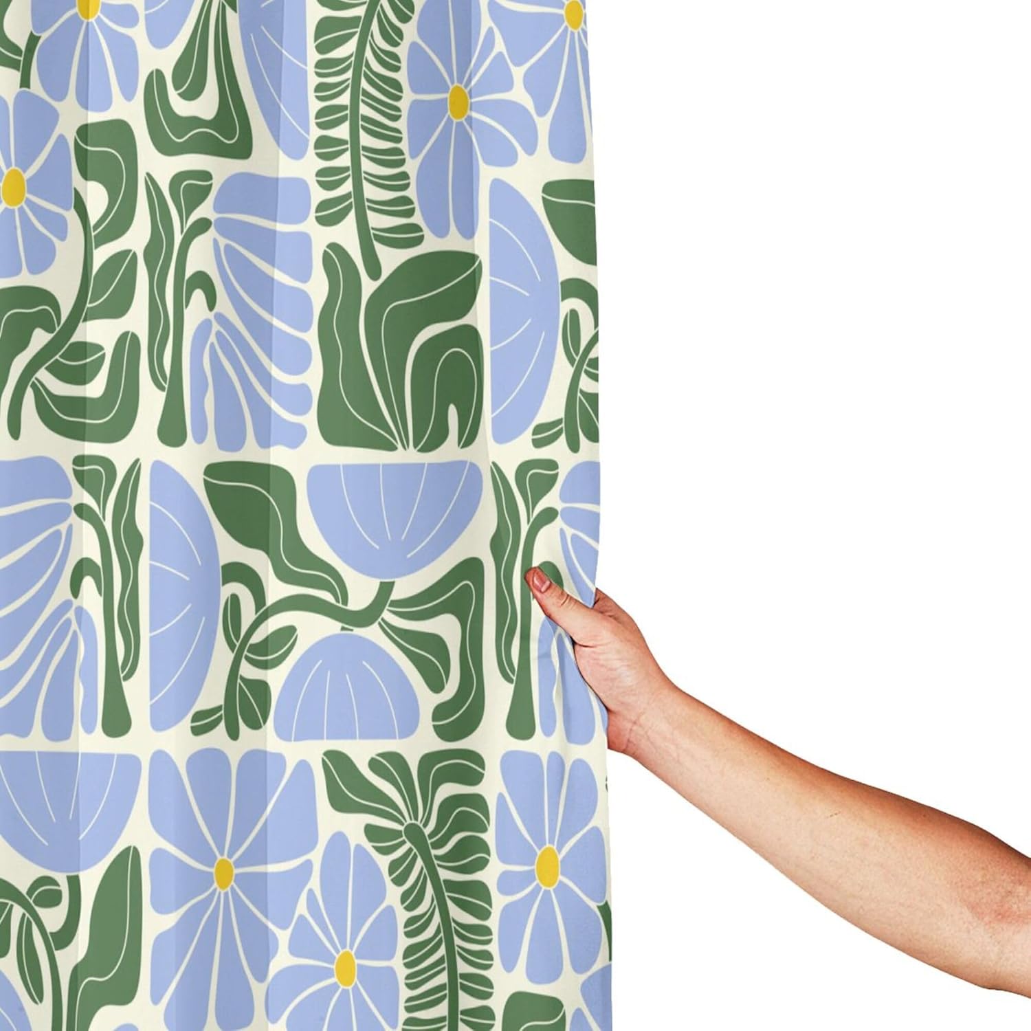 Mid Century Modern Abstract Geometric Boho Shower Curtain - Cute Blue and Green Floral Design,  Bath Curtain, Fabric Shower Curtain
