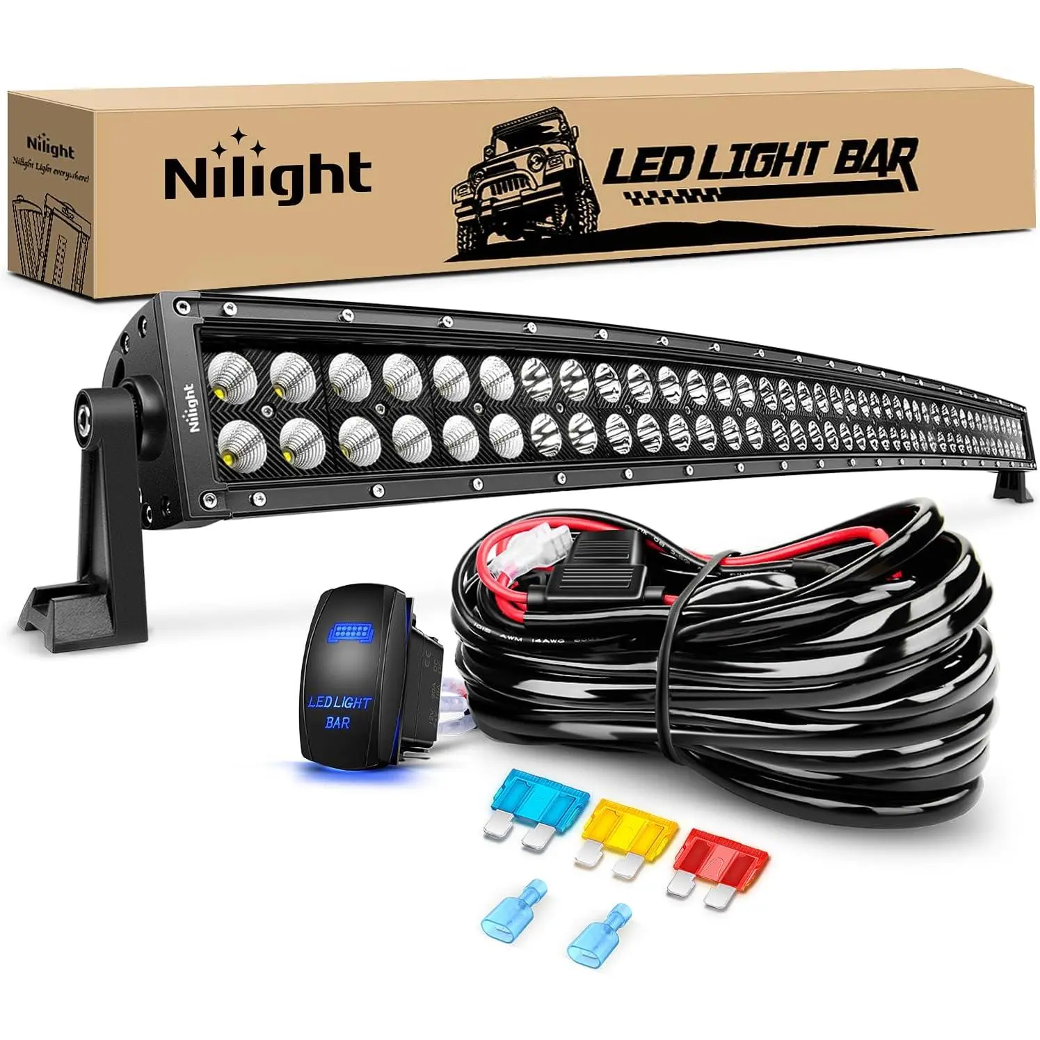 Nilight 42-Inch Curved LED Work Light Bar - 300W Combo Beam, ABS & Aluminum Build, -40~85°C Tolerance, 14AWG 5-Pin On-Off Rocker Switch Wiring Harness Kit, 12V DC for Trucks, ATVs, 240W Output