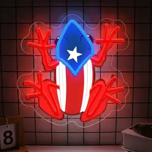 Puerto Rico Coqui Frog LED Neon Sign—Puerto Rican Flag Frog Neon Sign Light,Taino Art Puerto Rican Wall Decor, Adjustable, for Rooms, Bars, or Men's Cave Lighting—Puerto Rican Style Holiday Gift