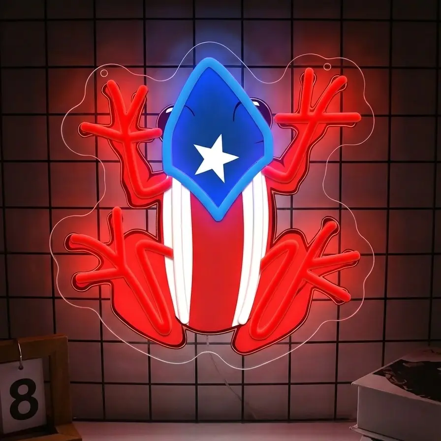 Puerto Rico Coqui Frog LED Neon Sign—Puerto Rican Flag Frog Neon Sign Light,Taino Art Puerto Rican Wall Decor, Adjustable, for Rooms, Bars, or Men's Cave Lighting—Puerto Rican Style Holiday Gift