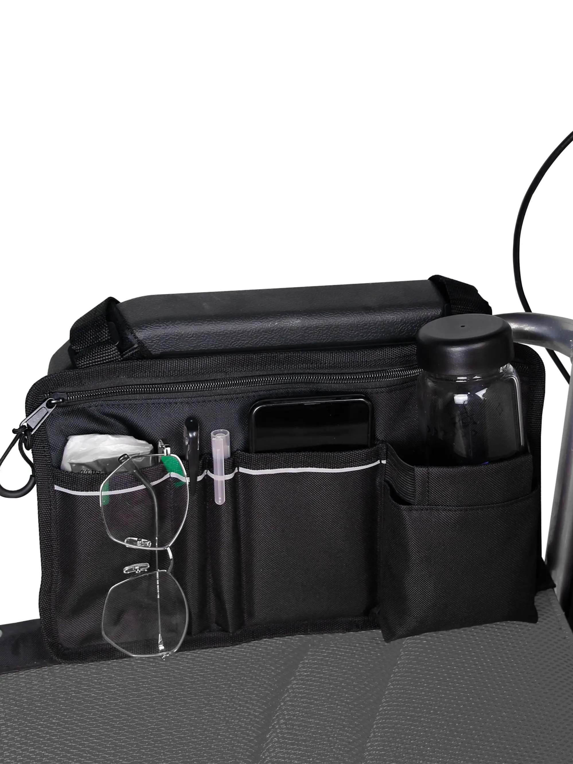 Wheelchair Side Bag, Double-Sided Armrest Organizer Pouch with Cup Hold, Pockets and Reflective Strip, for Most Wheelchairs, Walkers or Rollators(Only Bag) Cup Holder Nylon Pouch
