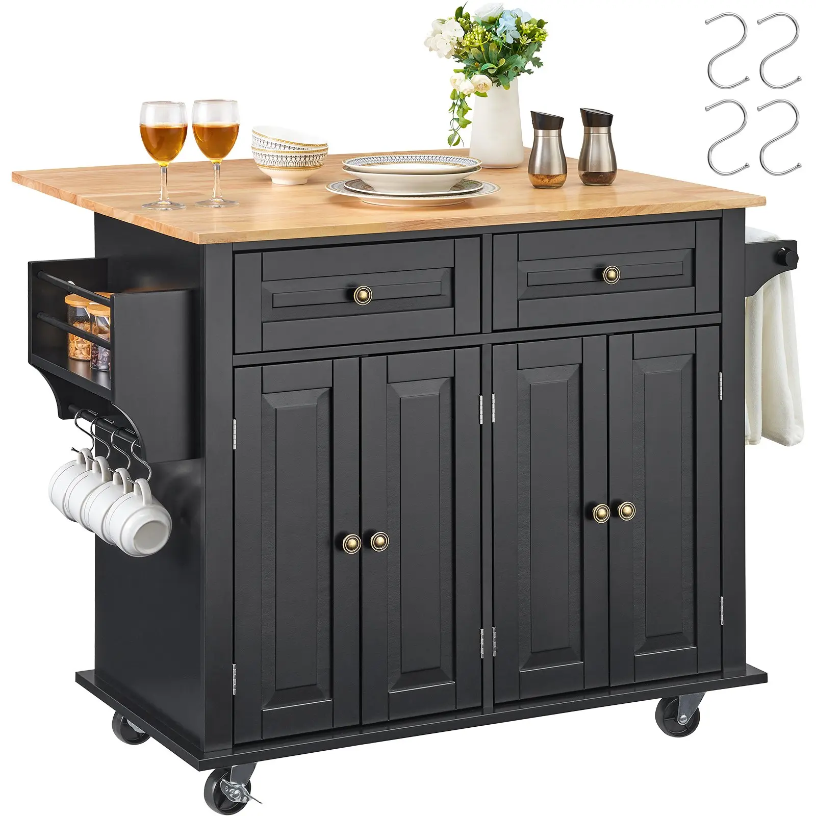 【Summerfinds】VEVOR Sturdy Waterproof 43x28x32 in Solid Wood Top Mobile Kitchen Island Cart with 2 Drawers & 4 Doors, Drop Leaf, Storage Cabinet, Spice Rack, Towel Bar, Adjustable Shelf, Hooks, Wheels, 80 Lbs / 36.3 Kg Capacity, Black, Dining Room