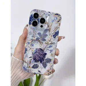 1pc purple and gold floral pattern personalized full-cover lens protection TPU phone case suitable for iPhone 15 14 13 12 11 Pro Max