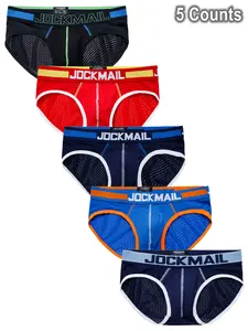 5 Counts Breathable Slim Fit Mesh Fabric Low Waisted Underpants Color Clashing Fashion Men's Boxer briefs Daily Casual Home Seasonal Travel Gym Mens Underwear