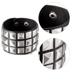 Punk Leather Bracelet Set - 3PCS Goth Leather Cuff Bangle for Men & Women, Black Leather Wristband with Metal Studded Design