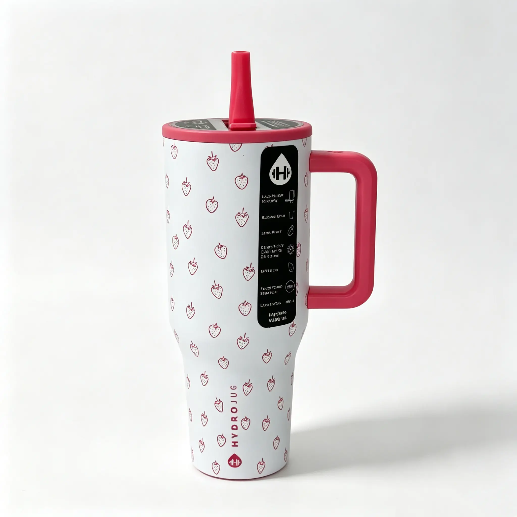 HydroJug 40oz Strawberry Print Insulated Tumbler with Red Handle & Straw Leakproof Stainless Steel Water Bottle for Gym Travel Drinkware Flasks