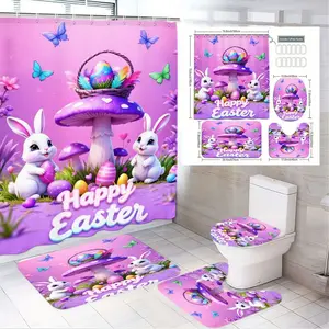 1/4pcsHappy Easter Pink Bathroom Set - Shower Curtain with Bunnies Holding Eggs, Purple Mushroom & Colorful Eggs, Matching Bath Mat, Toilet Seat Cover & Small Mat - Whimsical Bunny Egg Butterfly Floral Design for Festive Spring Home Decor