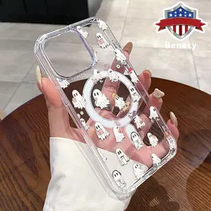 Magnetic Soft Case for iPhone 15 16 14 Pro Max 13 12 11 XR XS Plus E Whimsical Ghost Ensemble Pattern Anti-Yellowing Shockproof ultra-thin Silicone Crystal Transparent Acrylic Large Hole Cover Supports Wireless Charging