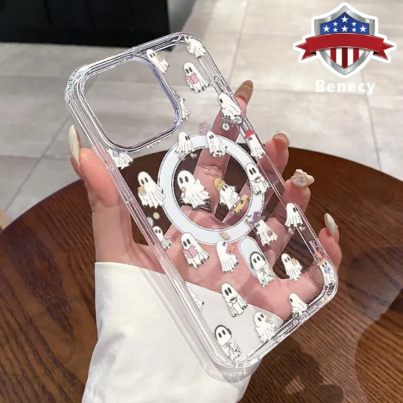 Magnetic Soft Case for iPhone 15 16 14 Pro Max 13 12 11 XR XS Plus E Whimsical Ghost Ensemble Pattern Anti-Yellowing Shockproof ultra-thin Silicone Crystal Transparent Acrylic Large Hole Cover Supports Wireless Charging
