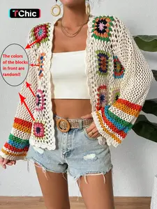 Ramdom Colorful Hand Braided Hollow Out Spring Sunscreen Holiday New Design Loose Long-Sleeved Open Cardigan,Long Sleeve Tops Fall Winter Cloth For Women