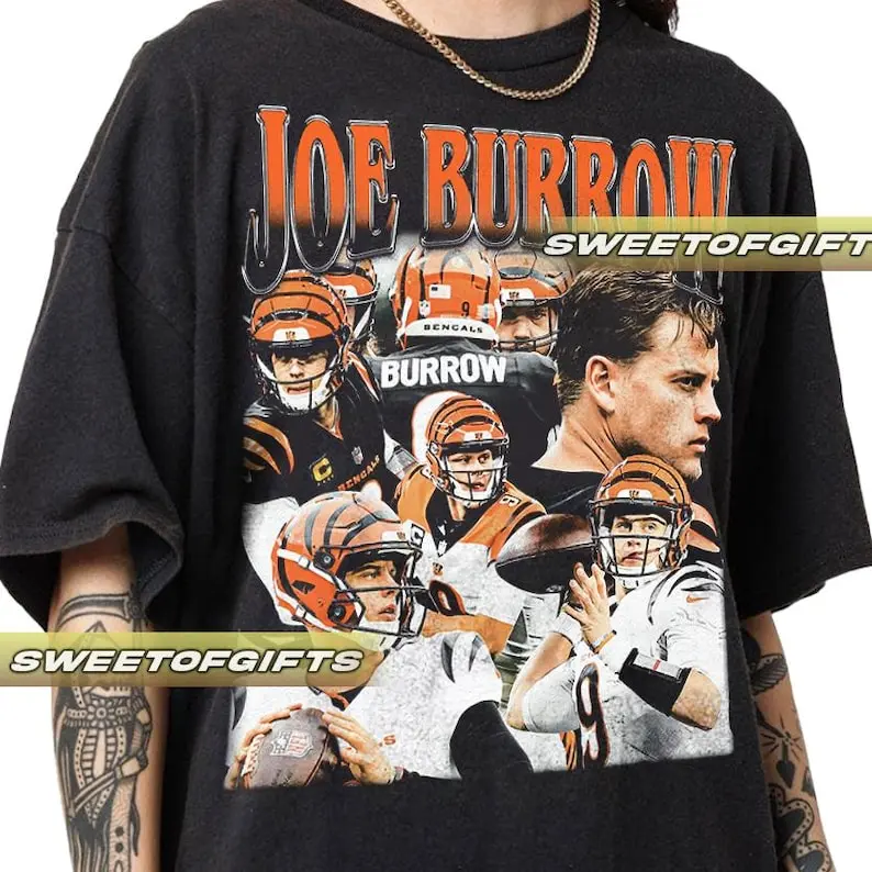 Joe Burrow Print T-Shirt, Classic Preppy Football Graphic Top in 100% Cotton Fabric, Unisex Menswear Shortsleeve Crew Neck, Chinese New Year Gift, Tops, Tshirt