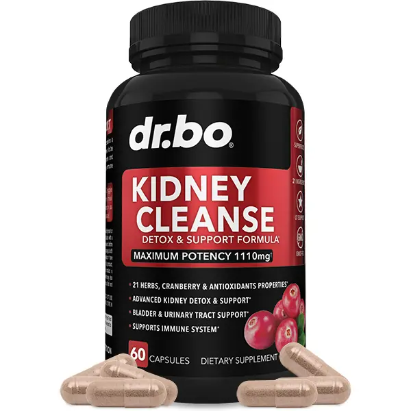 Dr. Bo Kidney Cleanse & Detox Support - Natural Kidney Health, Urinary Tract & Bladder Support Formula with Cranberry - 21 Ingredients