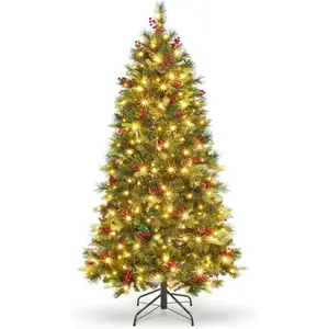 6 FT Pre-Lit Artificial Christmas Tree, Norway Spruce, 250 Warm White Light, Automatic Hinge Expansion, Artificial Christmas Pencil Tree with Pine Cones, Holly Berries & Stand, Green Metal Stars Decoration Home Decor Ornaments