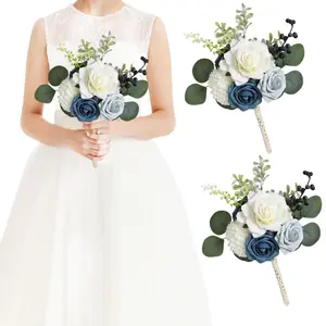 2 Bridesmaid Bouquet, Champagne Peacock Blue Wedding Bouquets for Bride Bridesmaids Artificial Flower Roses for Wedding Ceremony Bridal Shower Decor
