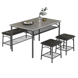 【GARVEE】Modern Dining Table Set for 4,Kitchen Table with Upholstered Bench & Square Stools, Wooden Top & Metal Frame, Compact Storage Dining Set (Grey)