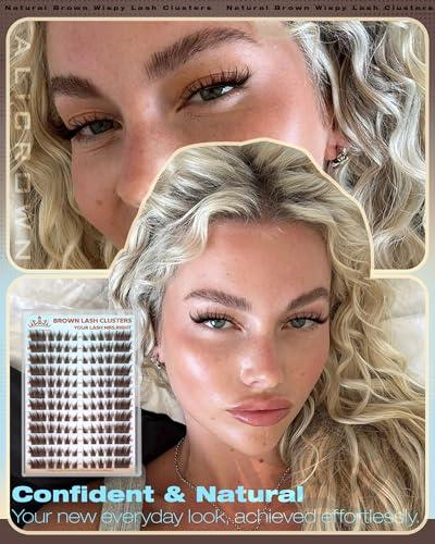 ALICROWN Brown Lash Clusters Cat Eye Cluster Eyelash Extensions Manga Eyelash Clusters Left & Right Natural Lash Extensions Spiky Cluster Lashes C Curly Fox Eye Individual Lashes Fairy Eyelashes