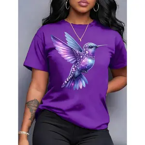 100% Cotton Hummingbird Spring Summer Printed Women's Casual Round Neck Short Sleeve T-Shirt