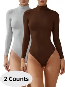 1/2 Counts Mock Turtle Neck Long Sleeve Tops for Ladies, Solid Color Comfortable Fashionable Slim Fit Bodysuit, Commuter Loungewear, New Style Casual Comfy Warm High Neck Jumpsuit,  Y2K Base layer, Womenswear, Suitable for Home Leisure & Office Use