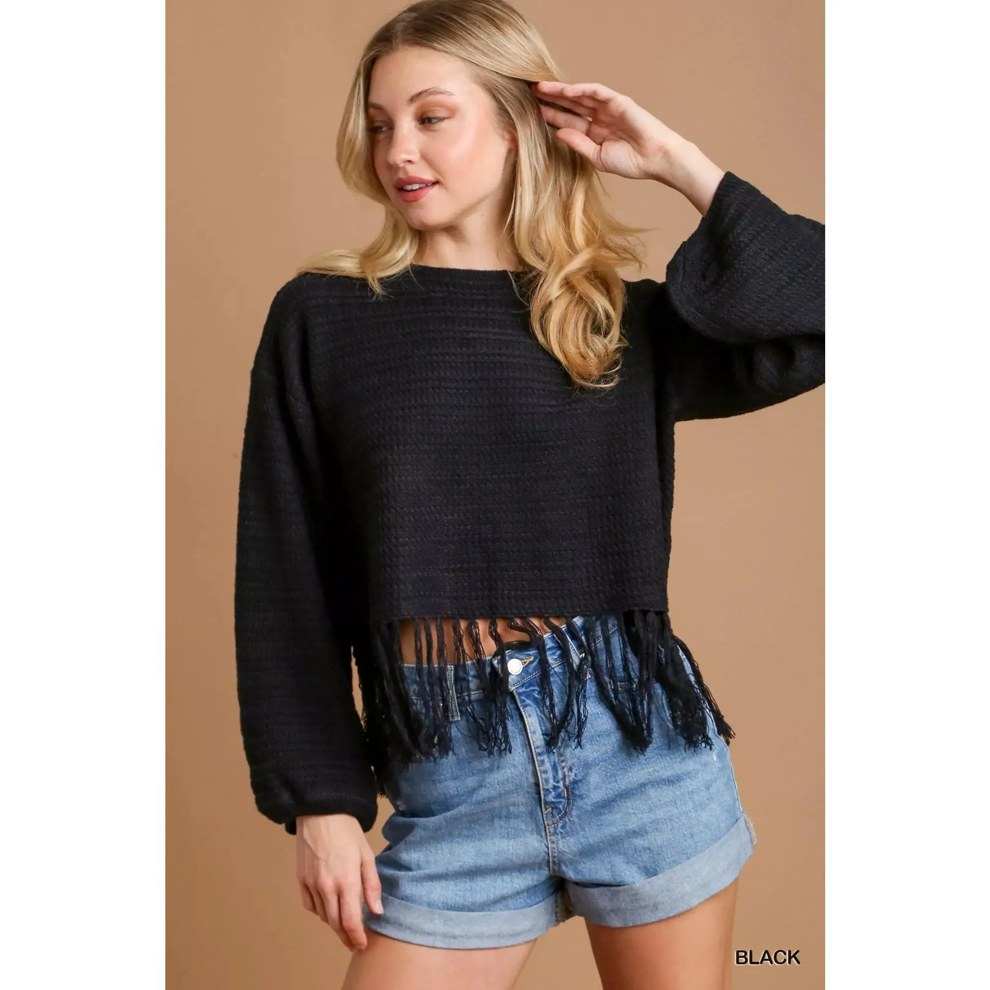 Women's Bohemian Chic Casual Stretchy Umgee Crochet Knit Crop Top with Frayed Hem, Essential Knitwear for Women