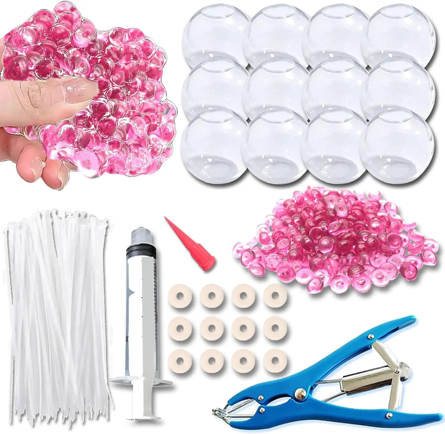 Halloween  Fall Gift 12PCS DIY Stress Ball Making Kit with Sealing Rubber Ring*12, Cable Tie*12, Balloon Expander Tool*1, Vacuum Tool*1, 100g Pink Filling Beads Great for Relieve Stress