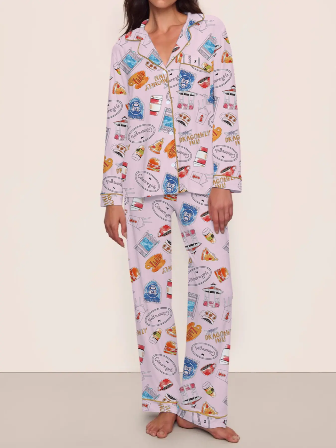 Women's Stars Hollow Gilmore Girls Print Pajama Set, Casual Long Sleeve Shirt & Pants Two-Piece Sleepwear, Lounge Pjs Set, All Seasons Comfortable Fit Chic Loungewear Set