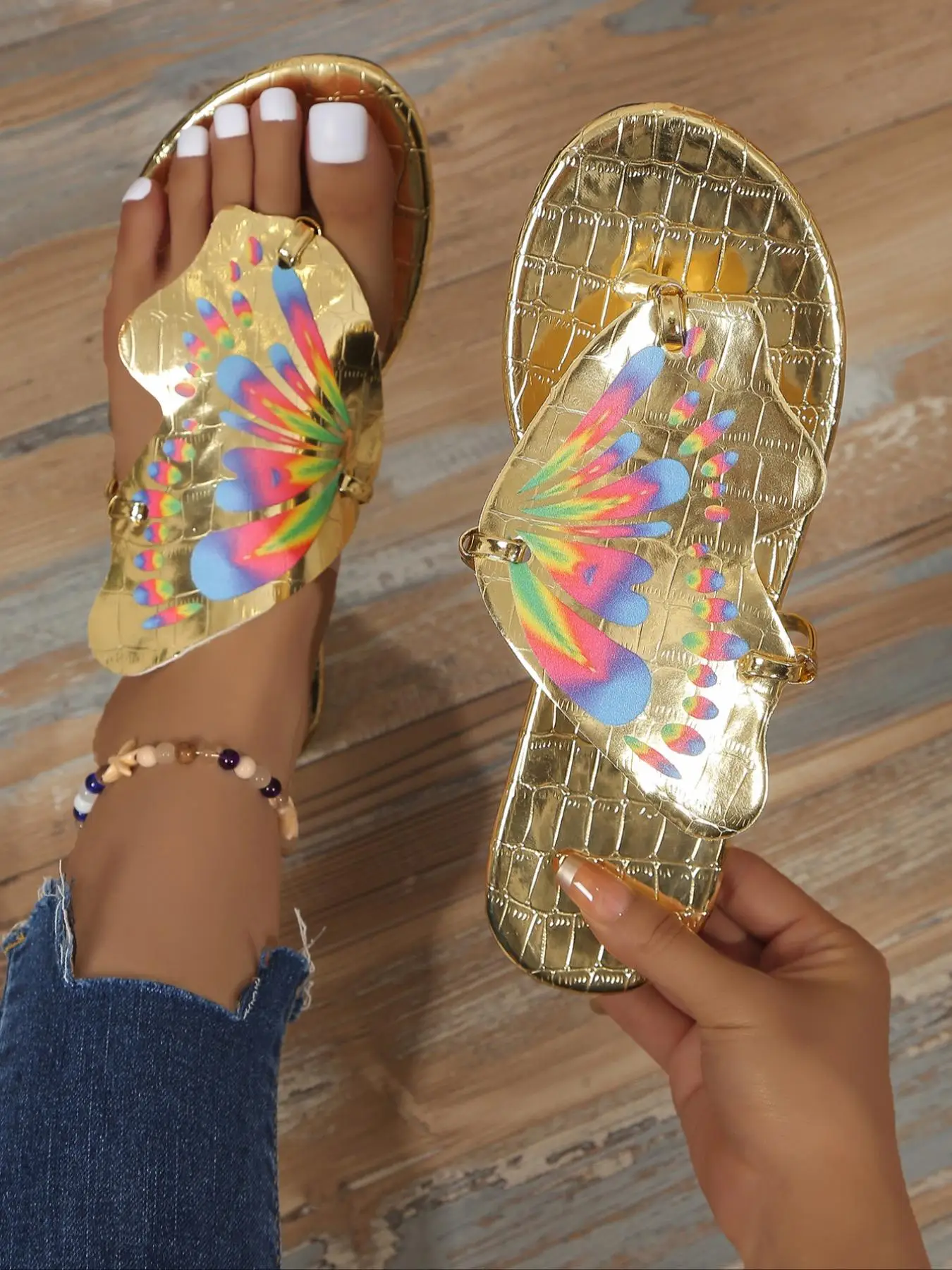 Women's Butterfly Metallic Slide Sandals, Butterfly Design Boho Style Toe Thong Sandals for Women & Girls, Casual Girl for Summer Beach Vacation Footw