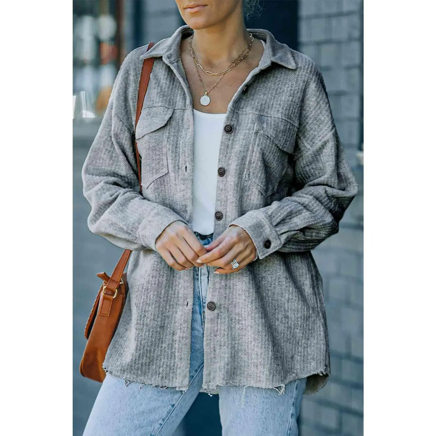 Textured Button Down Shirt Jacket with Pockets